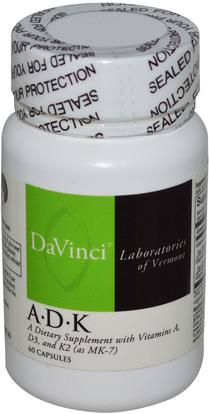 DaVinci Laboratories of Vermont, A D K, 60 Capsules ,الفيتامينات، فيتامين أ & د، فيتامين d3
