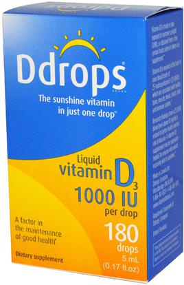 Ddrops, Liquid Vitamin D3, 1000 IU, 0.17 fl oz (5 ml) ,الفيتامينات، فيتامين d3، فيتامين d3 السائل