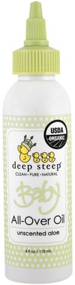 Deep Steep, Organic Baby All-Over Oil, Unscented Aloe, 4 fl oz (118 ml) ,صحة الأطفال، حفاضات، زيوت مسحوق الطفل