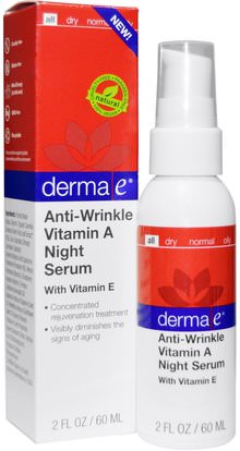 Derma E, Anti-Wrinkle Vitamin A Night Serum, 2 fl oz (60 ml) ,الجمال، العناية بالوجه، نوع البشرة مكافحة الشيخوخة الجلد، الصحة، الجلد، الأمصال التجاعيد