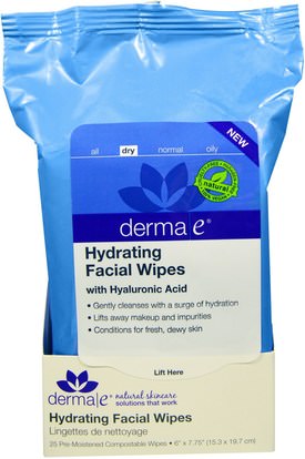 Derma E, Hydrating Facial Wipes, 25 Pre-Moistened Compostable Wipes ,الجمال، العناية بالوجه، منظفات الوجه، ديرما e ترطيب الخط