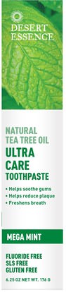 Desert Essence, Natural Tea Tree Oil Ultra Care Toothpaste, Mega Mint, 6.25 oz (176 g) ,حمام، الجمال، شفهي، الأسنان، تهتم، معجون أسنان