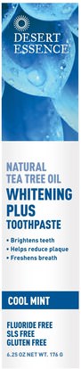 Desert Essence, Natural Tea Tree Oil Whitening Plus Toothpaste, Cool Mint, 6.25 oz (176 g) ,حمام، الجمال، شفهي، الأسنان، تهتم، معجون أسنان