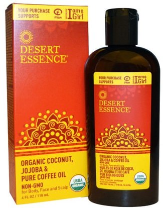 Desert Essence, Organic Coconut, Jojoba & Pure Coffee Oil, 4 fl oz (118 ml) ,الصحة، الجلد، حمام، زيوت التجميل، زيوت العناية بالجسم، زيوت العناية بالوجه