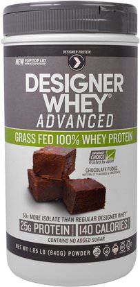 Designer Protein, Designer Whey Advanced, Grass Fed 100% Whey Protein, Chocolate Fudge, 1.85 lb (840 g) ,المكملات الغذائية، بروتين مصل اللبن، بروتين الرياضة