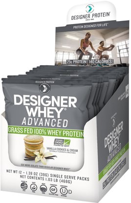Designer Protein, Designer Whey Advanced, Grass Fed 100% Whey Protein, Vanilla Cookies & Cream, 12 Packs, 1.38 oz (39 g) Each ,المكملات الغذائية، يهز بروتين مصل اللبن