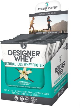 Designer Protein, Designer Whey, Natural 100% Whey Protein, French Vanilla, 12 Packs, 1.09 oz (31 g) Each ,المكملات الغذائية، حانات بروتين مصل اللبن