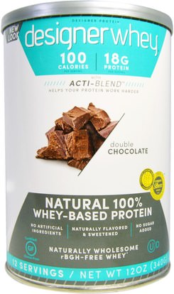 Designer Protein, Designer Whey, With Acti-Blend, Natural 100% Whey-Based Protein, Double Chocolate, 12 oz (340 g) ,المكملات الغذائية، بروتين مصل اللبن