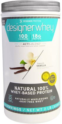Designer Protein, Designer Whey, with Acti-Blend, Natural 100% Whey-Based Protein, French Vanilla, 2 lbs (908 g) ,المكملات الغذائية، بروتين مصل اللبن