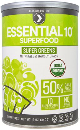 Designer Protein, Organic, Essential 10, Super Greens Superfood with Kale & Barley Grass, 12 oz (340 g) ,بروتين