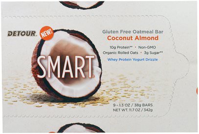 Detour, Gluten Free Oatmeal Bar, Coconut Almond, 9 Bars, 1.3 oz (38 g) Each ,الطعام، الوجبات الخفيفة، بروتين أشرطة