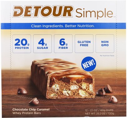 Detour, Simple, Whey Protein Bar, Chocolate Chip Caramel, 12 Bars, 2.1 oz (60 g) Each ,والرياضة، والحانات البروتين، والوجبات الخفيفة، والوجبات الخفيفة الصحية