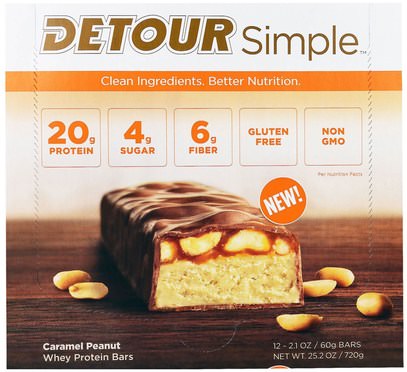 Detour, Simple, Whey Protein Bars, Caramel Peanut, 12 Bars, 2.1 oz (60 g) Each ,والرياضة، والحانات البروتين، والوجبات الخفيفة، والوجبات الخفيفة الصحية