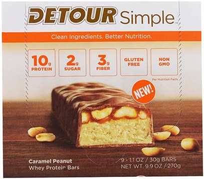 Detour, Simple, Whey Protein Bars, Caramel Peanut, 9 Bars, 1.1 oz (30 g) Each ,والرياضة، والحانات البروتين، والوجبات الخفيفة، والوجبات الخفيفة الصحية