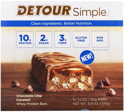 Detour, Simple, Whey Protein Bars, Chocolate Chip Caramel, 9 Bars, 1.1 oz (30 g) Each ,والرياضة، والبروتين أشرطة