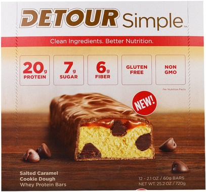 Detour, Simple, Whey Protein Bars, Salted Caramel Cookie Dough, 12 Bars, 2.1 oz (60 g) Each ,والرياضة، والحانات البروتين، والوجبات الخفيفة، والوجبات الخفيفة الصحية