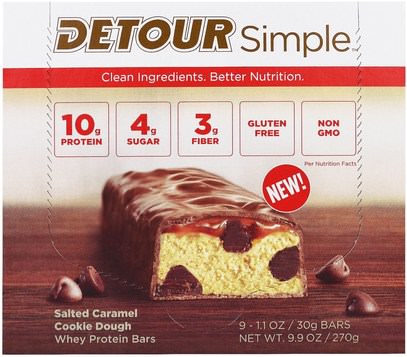 Detour, Simple, Whey Protein Bars, Salted Caramel Cookie Dough, 9 Bars, 1.1 oz (30 g) Each ,والرياضة، والحانات البروتين، والوجبات الخفيفة، والوجبات الخفيفة الصحية