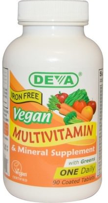 Deva, Vegan, Multivitamin & Mineral Supplement, Iron Free, 90 Coated Tablets ,Herb-sa