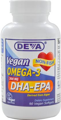 Deva, Vegan, Omega-3, DHA-EPA, 300 mg, 90 Vegan Softgels ,المكملات الغذائية، إيفا أوميجا 3 6 9 (إيبا دا)، أوميغا 369 قبعات / علامات التبويب، دا، إيبا
