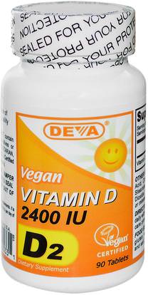 Deva, Vegan, Vitamin D, D2, 2400 IU, 90 Tablets ,الفيتامينات، فيتامين d3، فيتامين د 2 (إرغوكالسيفيرول)