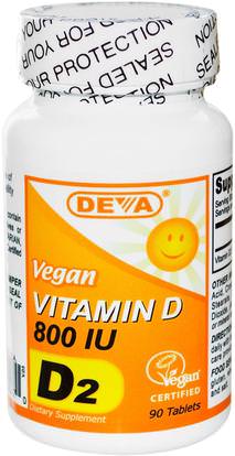 Deva, Vegan, Vitamin D, D2, 800 IU, 90 Tablets ,الفيتامينات، فيتامين d3، فيتامين د 2 (إرغوكالسيفيرول)