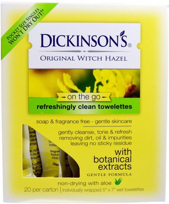 Dickinson Brands, Original Witch Hazel On the Go, Refreshingly Clean Towelettes, 20 Per Carton, 5 x 7 Each ,الجمال، العناية بالوجه، المطهرات الوجه، جلد