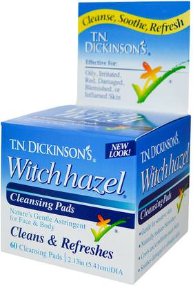 Dickinson Brands, T.N. Dickinsons Witch Hazel Cleansing Pads, 60 Pads, 2.13 in (5.41 cm) dia ,الجمال، العناية بالوجه، المطهرات الوجه، جلد