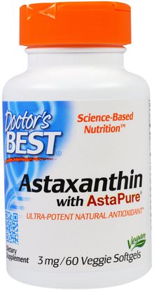 Doctors Best, Astaxanthin with AstaPure, 3 mg, 60 Veggie Softgels ,المكملات الغذائية، مضادات الأكسدة، أستازانتين