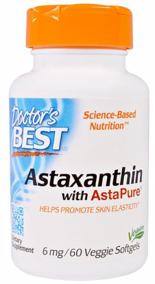 Doctors Best, Astaxanthin with AstaPure, 6 mg, 60 Veggie Softgels ,المكملات الغذائية، مضادات الأكسدة، أستازانتين