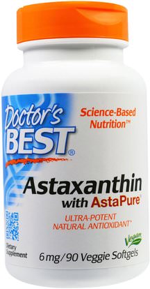 Doctors Best, Astaxanthin With AstaPure, 6 mg, 90 Veggie Softgels ,المكملات الغذائية، مضادات الأكسدة، أستازانتين