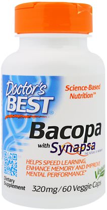 Doctors Best, Bacopa With Synapsa, 320 mg, 60 Veggie Caps ,الصحة، اضطراب نقص الانتباه، إضافة، أدهد، الدماغ، الذاكرة، الأعشاب، باكوبا (براهمي)