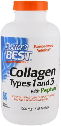 Doctors Best, Collagen Types 1 and 3 with Peptan, 1,000 mg, 540 Tablets ,الصحة، العظام، هشاشة العظام، الكولاجين