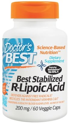 Doctors Best, Best Stabilized R-Lipoic Acid, 200 mg, 60 Veggie Caps ,المكملات الغذائية، ومضادات الأكسدة، ألفا حمض ليبويك، ألفا حمض ليبويك 200 ملغ، r حمض ليبويك
