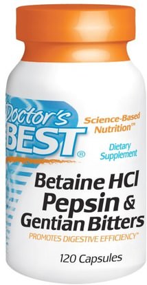 Doctors Best, Betaine HCL Pepsin & Gentian Bitters, 120 Capsules ,المكملات الغذائية، بيتين هكل، الإنزيمات