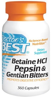 Doctors Best, Betaine HCl, Pepsin & Gentian Bitters, 360 Capsules ,المكملات الغذائية، بيتين هكل، الإنزيمات