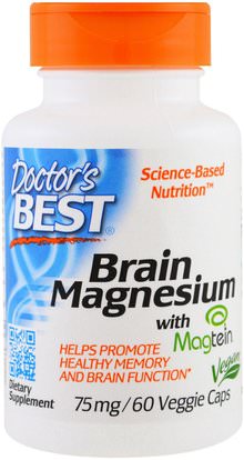 Doctors Best, Brain Magnesium with Magtein, 75 mg, 60 Veggie Caps ,والمكملات الغذائية، والمعادن، والمغنيسيوم، والصحة، واضطراب نقص الانتباه، إضافة، أدهد، الدماغ