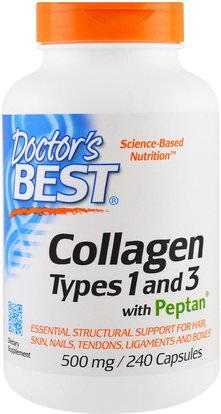 Doctors Best, Collagen, Types 1 and 3 with Peptan, 500 mg, 240 Capsules ,الصحة، العظام، هشاشة العظام، نوع الكولاجين i & إي