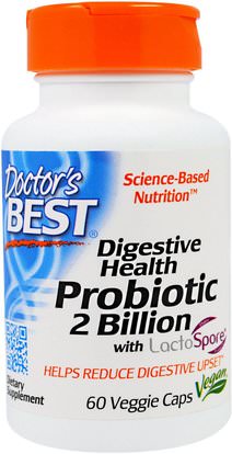 Doctors Best, Digestive Health Probiotic 2 Billion with LactoSpore, 60 Veggie Caps ,المكملات الغذائية، البروبيوتيك، الهضم، المعدة
