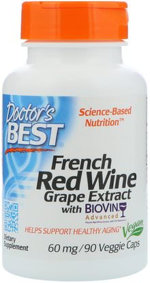 Doctors Best, French Red Wine Grape Extract, 60 mg, 90 Veggie Caps ,المكملات الغذائية، مضادات الأكسدة، استخراج بذور العنب، استخراج العنب