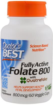 Doctors Best, Fully Active Folate 800, 800 mcg, 60 Veggie Caps ,الفيتامينات، حمض الفوليك، اضطراب نقص الانتباه، إضافة، أدهد، الدماغ، الذاكرة