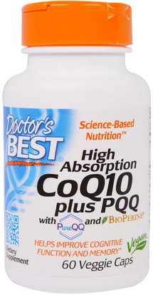 Doctors Best, High Absorption CoQ10, 100 mg, plus PQQ, 20 mg, with PureQQ and BioPERINE, 60 Veggie Caps ,المكملات الغذائية، أنزيم q10، مضادات الأكسدة، بيك (بيوبق)