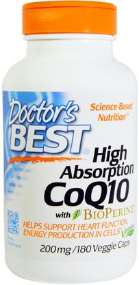 Doctors Best, High Absorption CoQ10 with BioPerine, 200 mg, 180 Veggie Caps ,المكملات الغذائية، أنزيم q10، coq10 200 ملغ