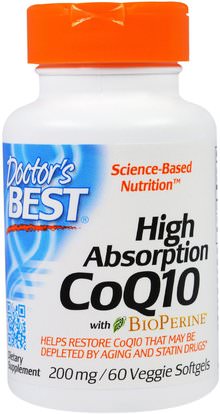 Doctors Best, High Absorption CoQ10 with BioPerine, 200 mg, 60 Veggie Softgels ,المكملات الغذائية، أنزيم q10، coq10 200 ملغ
