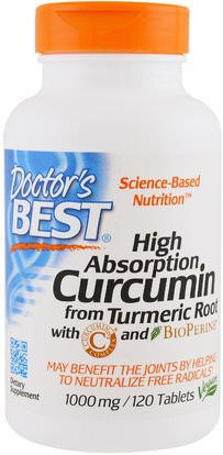Doctors Best, High Absorption Curcumin with C3 Complex and BioPerine, 1,000 mg, 120 Tablets ,والمكملات الغذائية، ومضادات الأكسدة، الكركمين C3 معقدة