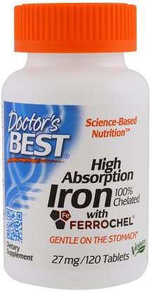 Doctors Best, High Absorption Iron With Ferrochel, 27 mg, 120 Tablets ,المكملات الغذائية، والمعادن، والحديد