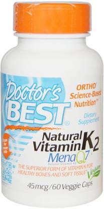 Doctors Best, Natural Vitamin K2 MK7, with Mena Q7, 45 mcg, 60 Veggie Caps ,الفيتامينات، فيتامين k، العظام، هشاشة العظام