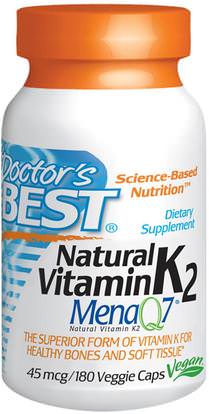 Doctors Best, Natural Vitamin K2 MK7, with Mena Q7, 45 mcg, 180 Veggie Caps ,الفيتامينات، فيتامين k، العظام، هشاشة العظام