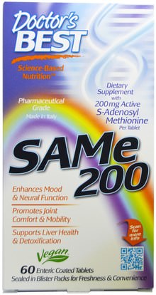 Doctors Best, SAM-e, 200 mg, 60 Enteric Coated Tablets ,الصحة، تعاطي المخدرات، الإدمان، سام-e (s-أدينوسيل ميثيونين)، سام-e 200 ملغ