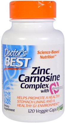 Doctors Best, Zinc-Carnosine Complex with PepZin Gl, 120 Veggie Caps ,والمكملات الغذائية والمعادن والزنك كارنوزين (بيبزين جي) والصحة والقرحة
