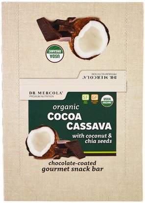 Dr. Mercola, Organic Cocoa Cassava with Coconut & Chia Seeds, 12 Bars, 1.55 oz (44 g) Each ,والمنتجات الحساسة للحرارة، والمكملات الغذائية، والحانات الغذائية